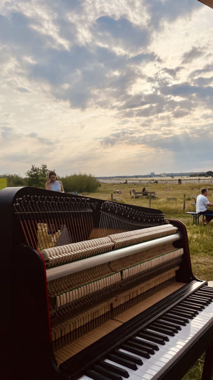 Photo of a Keybird mini-piano, named Monsieur Magpie, outside in the park.