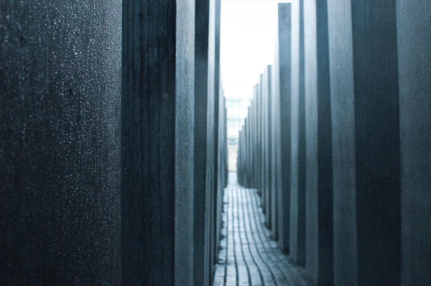 The Memorial to the Murdered Jews of Europe &mdash; concrete stelae receding into a rainstorm, raindrops in focus on the nearest slab.